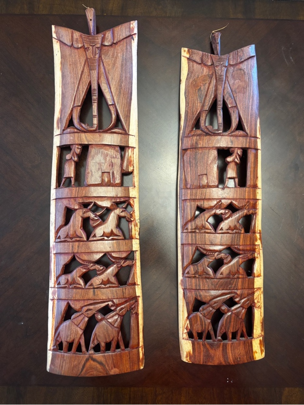 Vintage Hand Carved Wood African Wall Panels Set of 2 Elephants Safari Decor